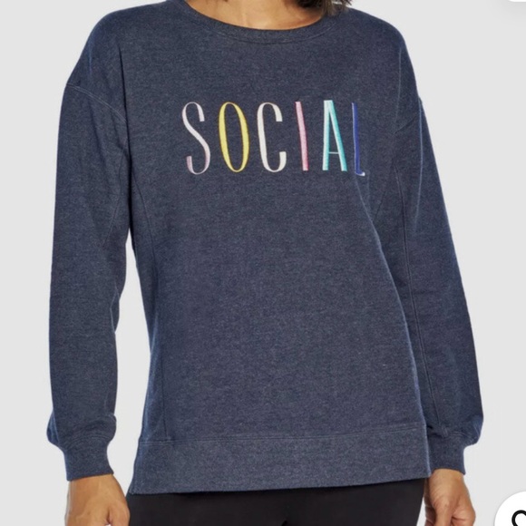 Wildfox Tops - Wildfox Social Graphic Embroidered Sweatshirt XL Navy Oversized Cozy Pullover